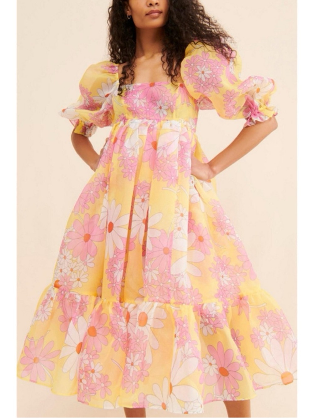 Selkie French Puff Midi Dress in Goldie Floral Print Small